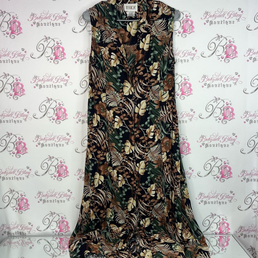 Jessica dress long maxi leafs Tropical Floral Dress Green and Brown vintage